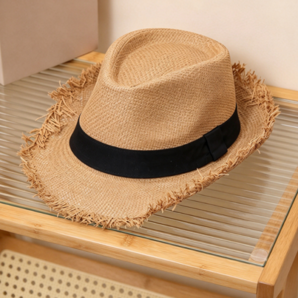 Fringed Straw Hat Short Brim Roll Up Summer Beach Sun Hat