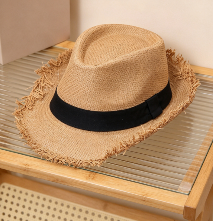 Fringed Straw Hat Short Brim Roll Up Summer Beach Sun Hat